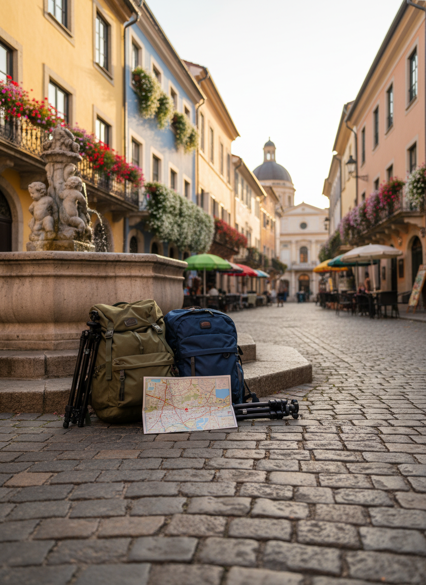 A cobblestone square in a historic European old town, surrounded by pastel-colored buildings with ornate balconies and overflowing flower boxes. In the foreground, a small cluster of travel gear—two backpacks, a collapsible tripod, and a folded city map—rests beside a weathered stone fountain. Warm afternoon sunlight illuminates the façades, while delicate shadows emphasize the irregular texture of the cobblestones. The atmosphere is cheerful and leisurely, suggesting a playful pause between sightseeing stops. Photographic realism, shot from a low angle using the rule of thirds, with sharp focus on the travel gear and a gently blurred background revealing a distant cathedral dome and café terraces.