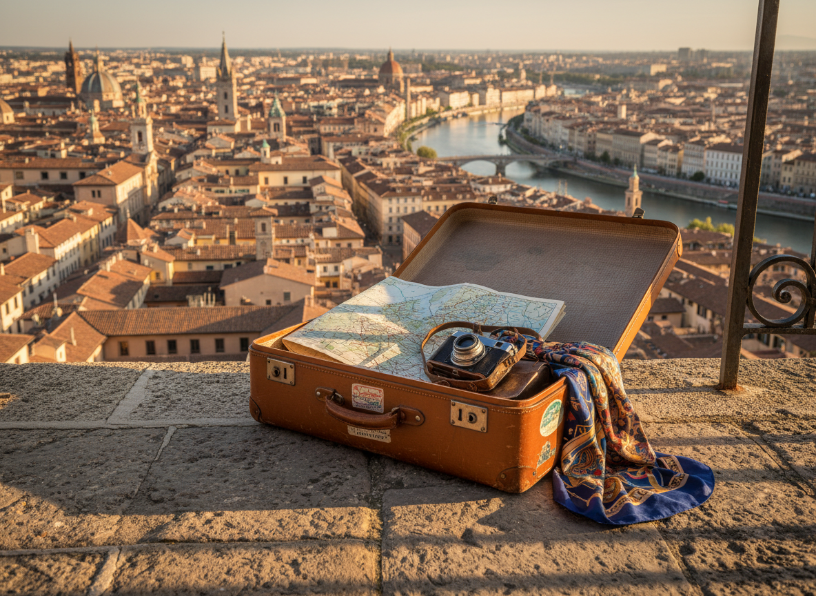 A well-worn tan leather suitcase resting on a stone terrace overlooking a sweeping European cityscape, with red-tiled roofs, church spires, and a winding river below. The suitcase is slightly open, revealing neatly folded maps, a vintage camera, and a colorful scarf spilling out. Soft golden hour sunlight bathes the scene, casting long, playful shadows across the textured stone. The atmosphere feels lighthearted and adventurous, as if a Grand Tour is just beginning. Photographic realism, shot at a slightly elevated angle with a shallow depth of field, keeps the suitcase in crisp focus while the city glows in a gentle, romantic blur.