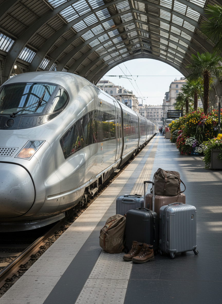 A sleek high-speed European train gliding into a sunlit station, its polished silver exterior reflecting splashes of color from nearby signs and distant flower stalls, but no readable text. On the platform, neatly arranged wheeled suitcases, backpacks, and a pair of hiking boots suggest eager travelers just out of frame. Soft late-morning light filters through a glass roof, creating bright patches and gentle shadows along the polished floor. The mood is energetic and playful, capturing the excitement of departure. Photographic realism, eye-level composition, with strong leading lines of the platform and tracks guiding the viewer’s eye into the depth of the bustling European setting.