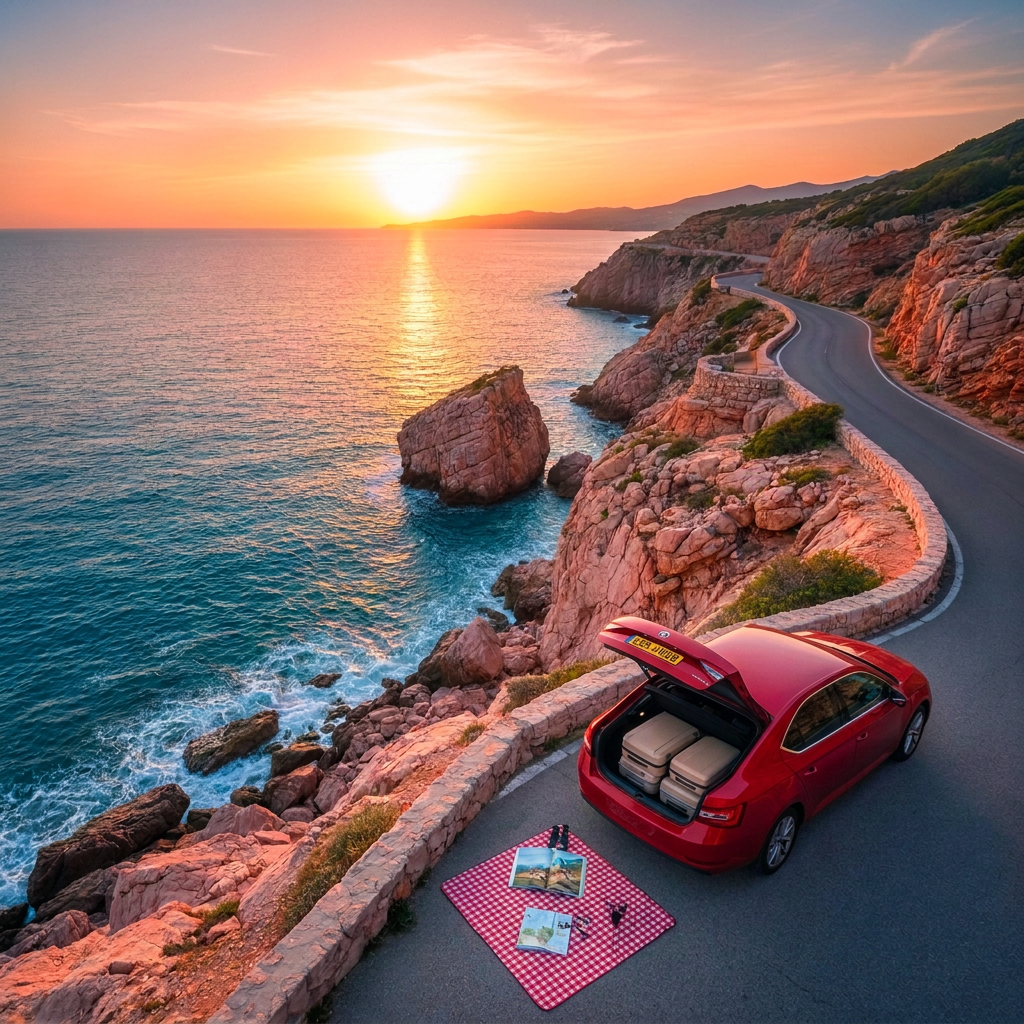 A dramatic cliffside coastal road somewhere along the Mediterranean, snaking above turquoise water and rugged, sun-bleached rock formations. Parked at a scenic overlook, a compact hatchback with the trunk open reveals neatly packed suitcases, a guidebook with an illustrated cover, and a pair of binoculars resting on a folded picnic blanket. The low, warm light of sunset washes the scene in orange-pink hues, creating a playful yet serene atmosphere. Photographic realism, captured from a slightly elevated angle to show both the winding road and the endless horizon, with crisp detail throughout, emphasizing the sense of freedom on a European road trip.