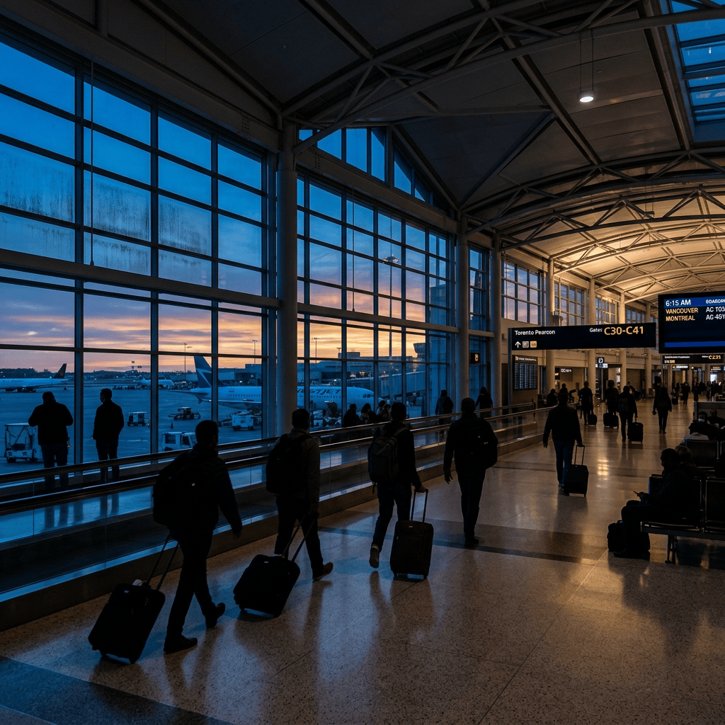 Passengers pulling suitcases walking through airport terminal at sunrise